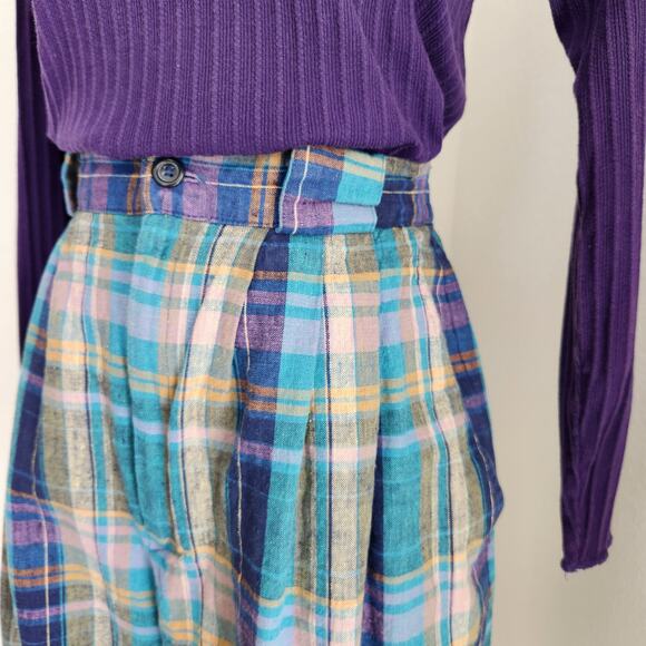 Vintage Fundamental Things Plaid Pleated High Waisted Linen Shorts Teal Purple 2 - Picture 2 of 11